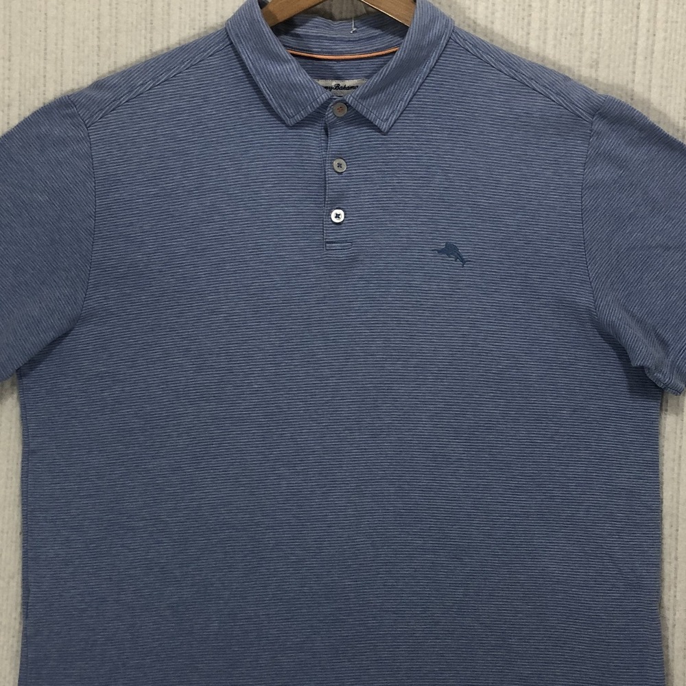 Tommy Bahama Mens Large‎ Polo Shirt Blue White Micro Stripe Cotton Short Sleeve